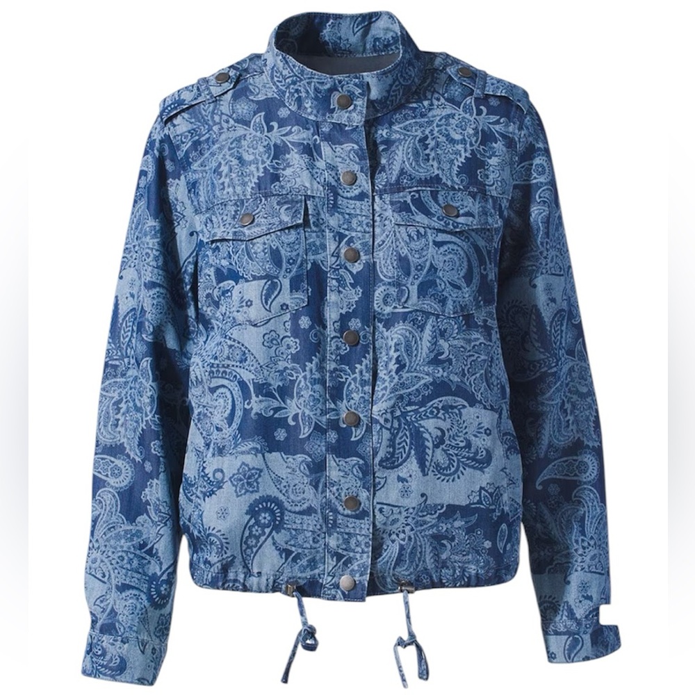 Chico’s Patch Floral Chambray Utility Jacket size 3 XL 16 mandarin collar